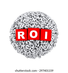 3d rendering of roi cubes boxes inside sphere ball made up of random alphabet character letter