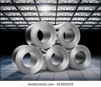 3d Rendering Roll Of Steel Sheet In Factory