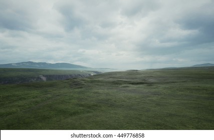 3D rendering of rolling grassy hills.