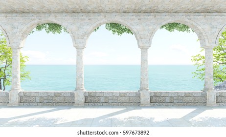 3D Rendering roman blue sea view center 3 arch