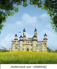 3D rendering of a romantic fairytale castle in an idyllic landscape framed by trees.