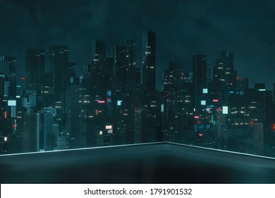 3D Rendering of roof top building with view of futuristic cyber punk city at night. Sky scrapper towers with glowing advertising signs. For business technology product background, wallpaper