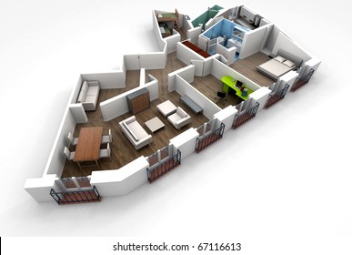  3D Rendering Of A Roofless Architecture Model Showing An Apartment Interior Fully Furnished