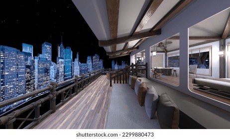 3D rendering of the rooftop terrace with night view