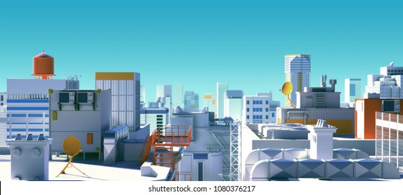 3d rendering rooftops of concrete modern buildings. White bleached by sun landscape with clean blue sky. Empty area and city view. Down town concept background. Glow blum effect