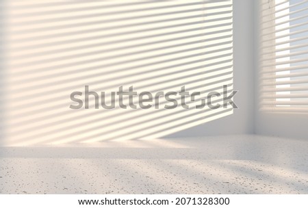 3d rendering of the room corner wall and window with blinds, shadow. Kitchen or bathroom interior mock up for product presentation