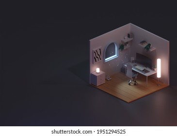 3D rendering room, isometric room concept work from home with computer plant lamp and book, infographic for web presentation