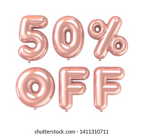 3d Rendering Rose Gold 50% Off Foil Balloon Phrase On White Background