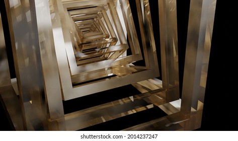 a 3d rendering of rotating hollow cubes one inside another on black background