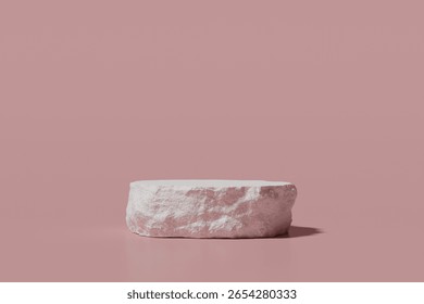 3D Rendering. Rough Textured Pink Stone Podium on Solid Pastel Background for Product Display