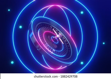 3d Rendering The Roulette Wheel Flying Over Neon Background.