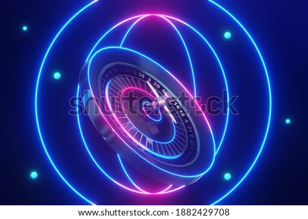 3d rendering the roulette wheel flying over neon background.