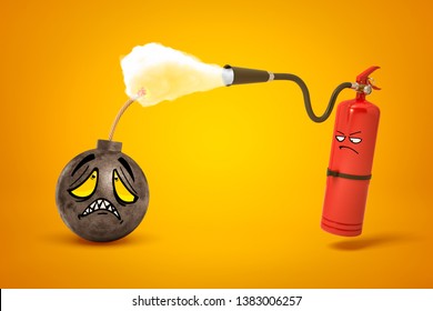 3d rendering of round bomb with sad cartoon face, its fuse being doused by red fire-extinguisher with sulky cartoon face on yellow background. Fire safety. Prevent explosive situation. Stop conflict.