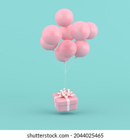 3D rendering of round gift box and balloons. Minimal concept.