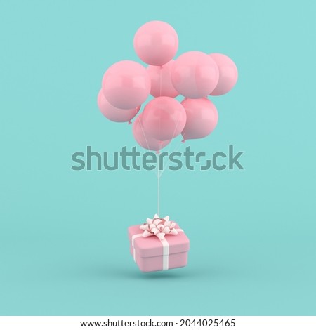 3D rendering of round gift box and balloons. Minimal concept.