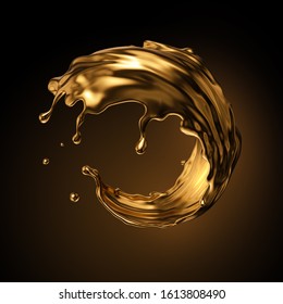 3d Rendering, Round Gold Liquid Splash, Metallic Wave, Swirl, Cosmetic Oil, Golden Splashing Clip Art, Artistic Paint, Abstract Design Element Isolated On Black Background. Luxury Beauty Concept