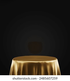 3D rendering of round podium base with gold silk on luxury black background. exhibition space studio. cosmetics display. advertising stage. product display. modern gold podium background