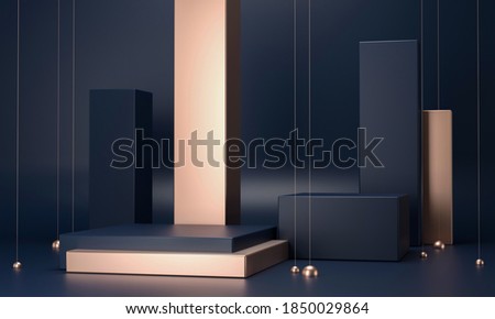 3D rendering round podium geometry with gold elements. Abstract geometric shape blank podium. Scene for product presentation. Empty showcase, pedestal platform display.