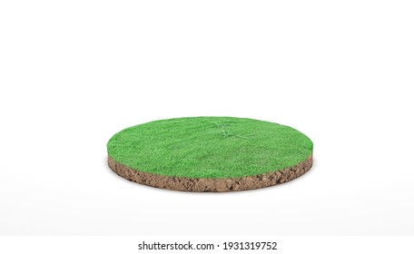 3d Rendering. Round Soil Ground Cross Section With Green Grass On White Background.