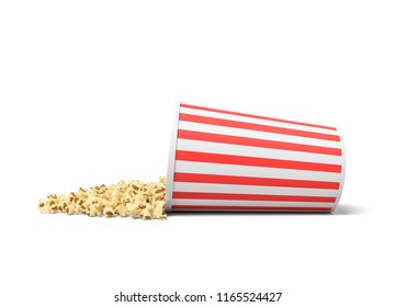3d rendering of a round striped popcorn bucket lying on its side with popcorn spilling out of it. Movie snack. Popcorn time. Watch and eat.