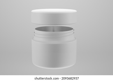 3D Rendering Round White Plastic Jar For Cosmetic, Cream, Butter, Scrub, Gel, Powder, Wax.Realistic Packaging Mock Up Template