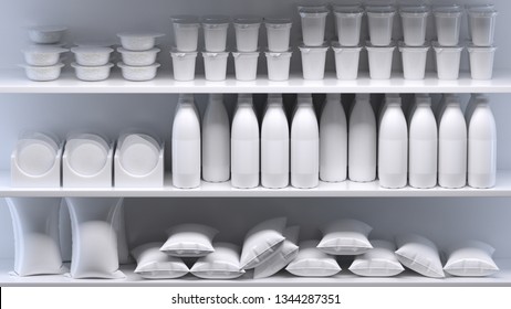 3d Rendering Of Row Of Glass Milk Bottles And Other Dairy Products On Shelves In Abstract Supermarket. All Painted White And  With Blank Labels. Total One Color. Front View