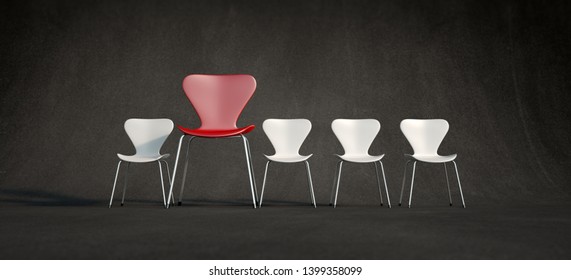 3D rendering of a row of white chairs and a contrasting red one in a more advance position