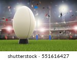 3d rendering rugby ball with rugby posts on field