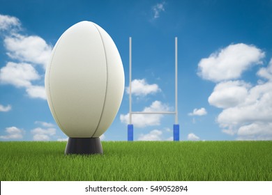 3d Rendering Rugby Ball With Rugby Posts On Field