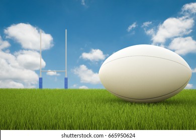 3d Rendering Rugby Ball With Rugby Posts On Field