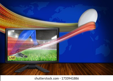 3D Rendering of rugby sports Live concept with TV monitor illustrating latest VR streaming technology and realistic HD ball in flight. - Powered by Shutterstock