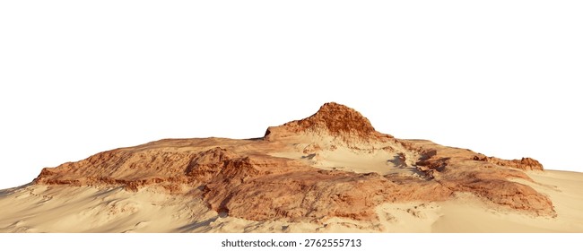 3d Rendering of a rugged desert mesa and rocky plateau with sandy slopes, erosion patterns and isolated peak.