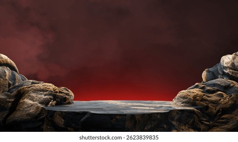 3D Rendering. Rugged stone platform surrounded by jagged cliffs against a dramatic deep red sky for product presentation.