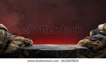 3D Rendering. Rugged stone platform surrounded by jagged cliffs against a dramatic deep red sky for product presentation.