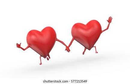 3d rendering running hearts holding each other hands. concept of love, friendship, valentine, joy, fun.