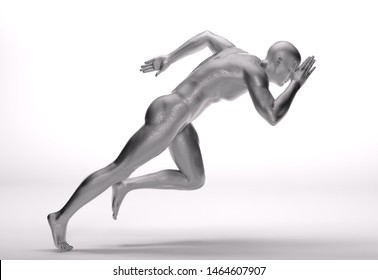 3D Rendering :  A Running Silver Man Illustration With Shite Background, Ready,get Set, Go