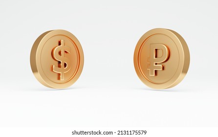 3D Rendering Of Russia Ruble Symbol On Coin Vs US Dollar Symbol On Coin On Background Concept Of Political Conflict And War. 3D Render Illustration Cartoon Style.