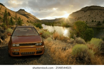 3d rendering - Rustic car parked beside a serene river during sunset in a mountainous landscape. - Powered by Shutterstock