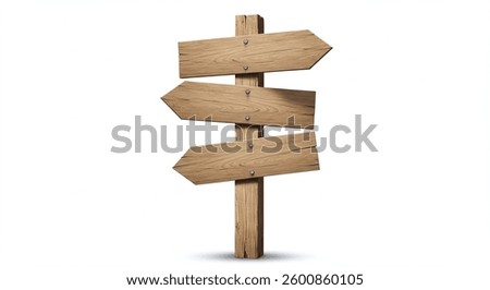 A 3D rendering of a rustic wooden signpost with three blank arrowshaped signs. Isolated on a white background, it symbolizes choices and direction.