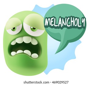 3d Rendering Sad Character Emoticon Expression saying Melancholy with Colorful Speech Bubble.