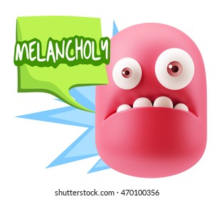 3d Rendering Sad Character Emoticon Expression saying Melancholy with Colorful Speech Bubble.