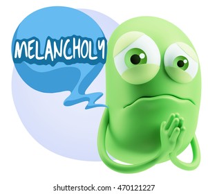3d Rendering Sad Character Emoticon Expression saying Melancholy with Colorful Speech Bubble.