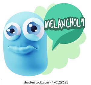 3d Rendering Sad Character Emoticon Expression saying Melancholy with Colorful Speech Bubble.