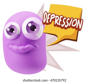 3d Rendering Sad Character Emoticon Expression saying Depression with Colorful Speech Bubble.