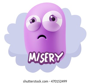3d Rendering Sad Character Emoticon Expression saying misery with Colorful Speech Bubble.