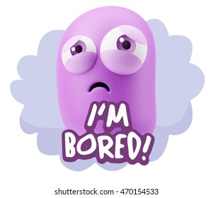 3d Rendering Sad Character Emoticon Expression saying I'm Bored with Colorful Speech Bubble.