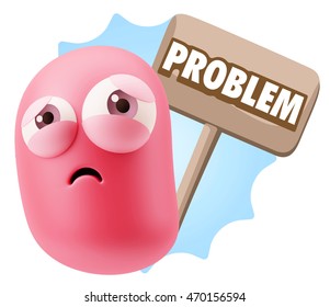 3d Rendering Sad Character Emoticon Expression saying Problem with Colorful Speech Bubble.