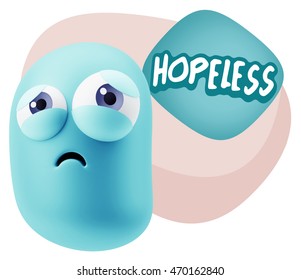 3d Rendering Sad Character Emoticon Expression saying Hopeless with Colorful Speech Bubble.