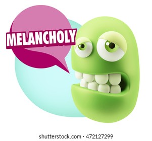 3d Rendering Sad Character Emoticon Expression saying Melancholy with Colorful Speech Bubble.