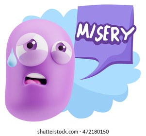 3d Rendering Sad Character Emoticon Expression saying misery with Colorful Speech Bubble.